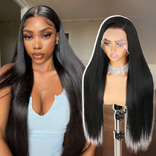 Quantum Love13x6 Lace Front Synthetic Wig Long Straight Wear and Go Wigs for Black Women Pre-Plucked Glueless Natural Black Kanekalon Futura Hair
