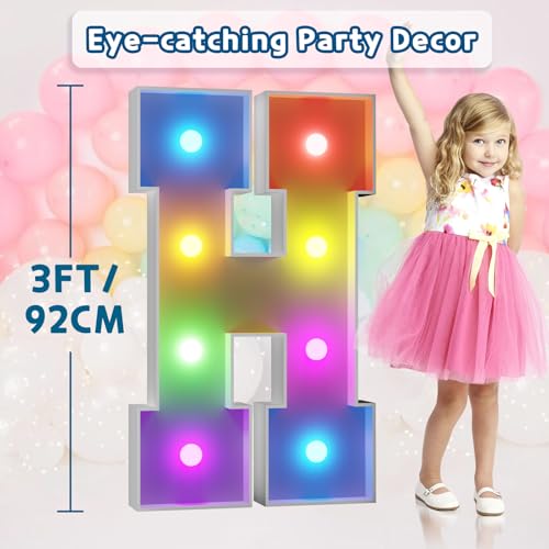 Image of Colorful 3FT Marquee Letters H, 18 Colors Large Light up Letters | RGB with Remote, Birthday Party Decorations Anniversary Wedding Decorations Assembly Required 24 Pcs Accessory Set