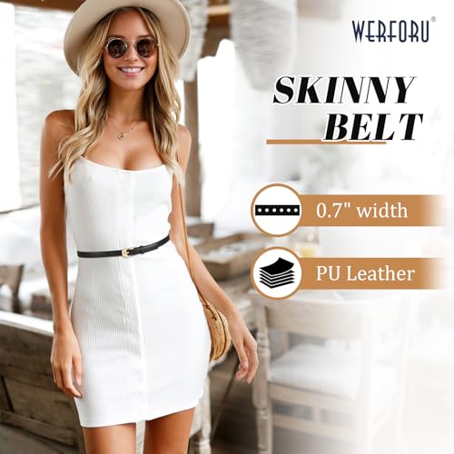 WERFORU Skinny Leather Belt for Dress Jeans Women Thin PU Leather Belt with Fashion Gold Buckle,black,0.7" Width2