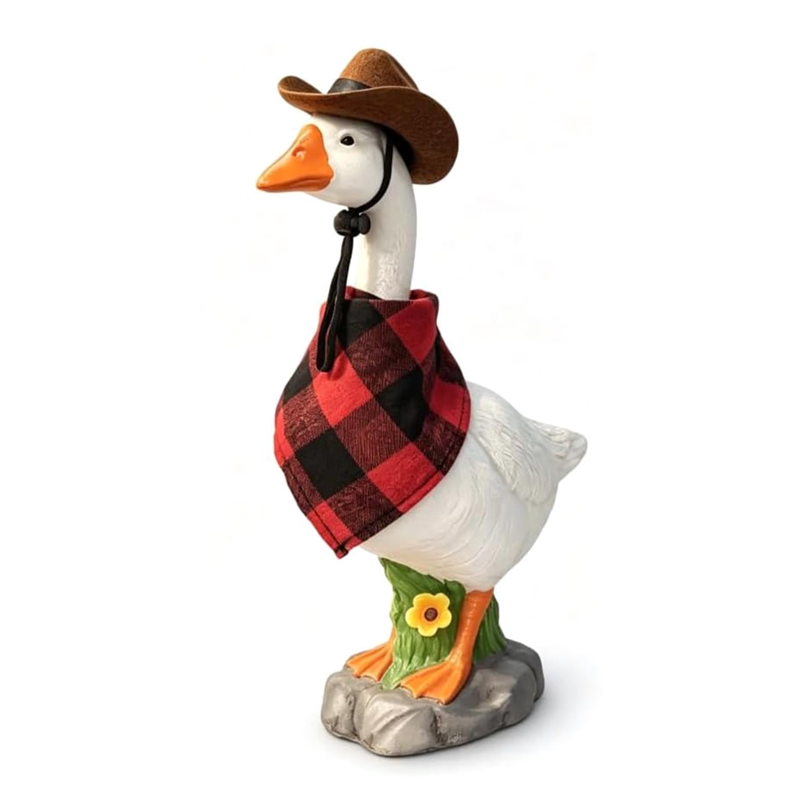 Resin Realistic Large Porch Goose Statue Stone Base with Sand-Fillable Design Garden White Goose Sculpture Decoration with Removable Cowboy Hat & for Yard Patio Or Porch Decor Home Outdoors