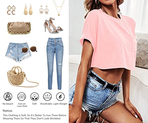Dyexces Womens Crop Tops Short Sleeve Crewneck Cropped T Shirt Casual Summer Solid Color Loose Basic Tees with Pockets3