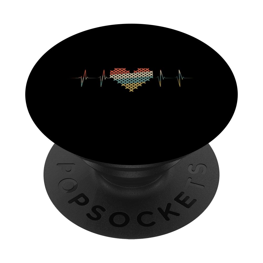 Cross Stitching Heartbeat Retro ECG EKG PopSockets Swappable PopGrip, Black