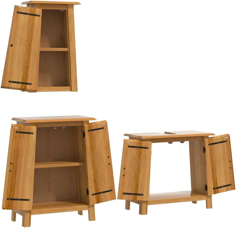 Bathroom Vanity Sink Cabinet Set, Rustic Solid Pine Wood Bathroom Storage Organizer with 4 Doors, Farmhouse Style Furniture Unit for Bathroom Space Saving, Brown