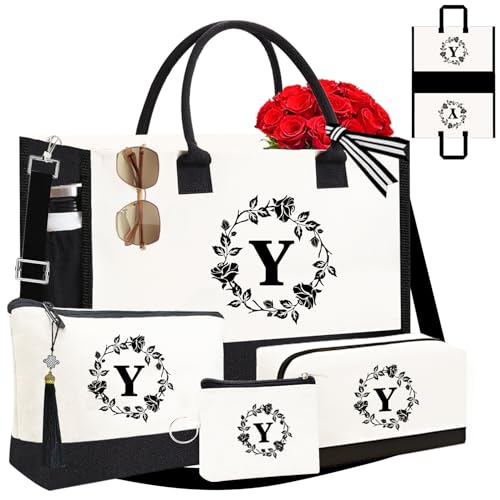 Image of Personalized Tote Bags for Women, 4pcs Monogram Tote Bags, Double-sided Embroidery Initial Tote Bag Birthday Gifts