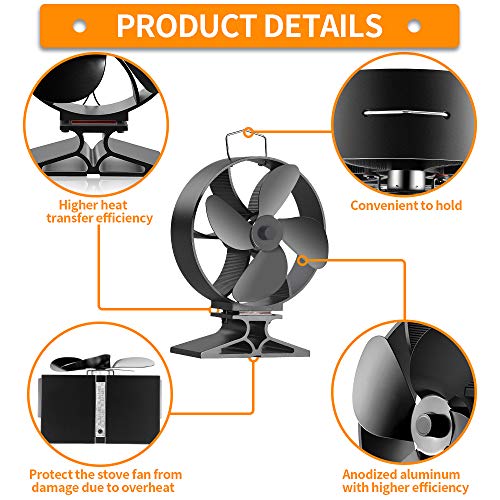 Morinoli Upgraded 4 Blade Fireplace Fan Heat Powered Stove Fan for Wood/Log Burner/Fireplace ,Eco Friendly and Efficient Heat Distribution Fan,Black,Round