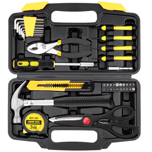 DOWELL 40 Piece Home Tool Set Yellow, General Household Hand Tool Kit with Plastic Toolbox Storage Case, Mini Repair Tool kit for Women, College Students, Home Use & More