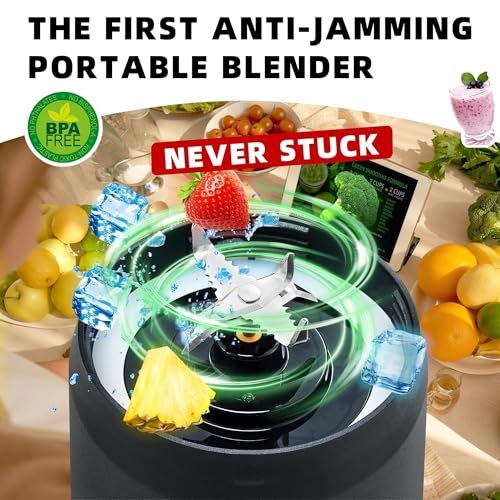 Portable Blender, Anti-Jamming 300 Watt for Shakes and Smoothies, 24oz Travel Blender USB Rechargeable, BPA Free Sporty bottle with a Travel Lid. (Black Base Grey Lid) (Black Base Green Lid)