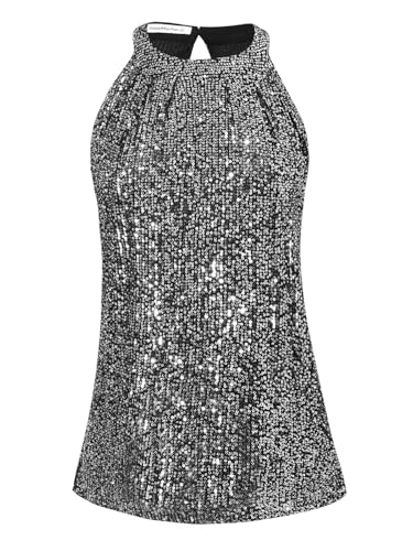 Sparkly Sequin Tops for Women Halter Tank Top Shiny Glitter Club Disco Outfit Sleeveless Dressy Shirt Blouse