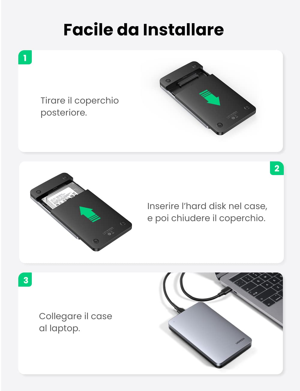 UGREEN Case Esterno per Disco Rigido 2.5" USB C 3.1 Gen 2 UASP 6Gbps Case Hard Disk Esterno per 7mm e 9.5mm SATA I II III HDD SSD 2.5" da 6TB Compatibile with WD Toshiba Seagate Hitachi, PS4, Xbox
