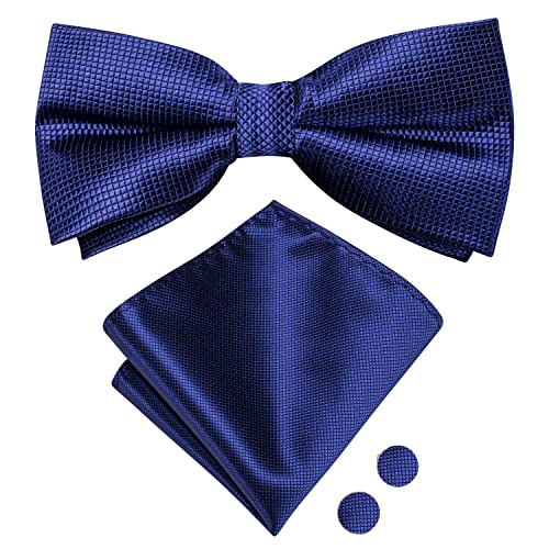 Image of Hi-Tie Pretied Bow Ties for Men Wedding Formal Bow Tie Handkerchief Cufflinks Lapel Pin Set Party Formal Mens Bowtie Set, Dark Blue Plaid, Medium