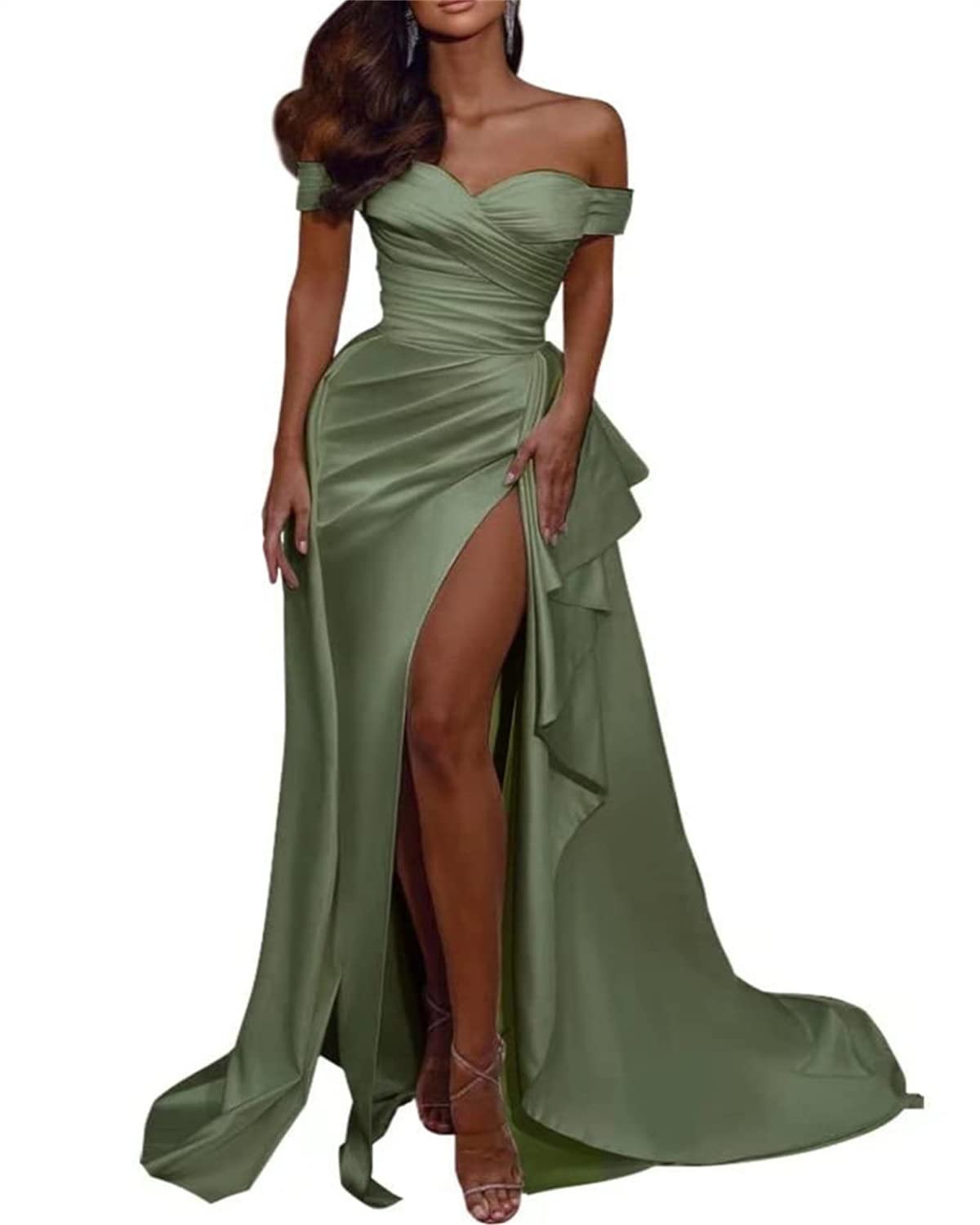 Wseyu Women's Dusty Sage Long Off Shoulder Mermaid Prom Dresses V-Neck Side Slit Satin Ball Gown With Train For