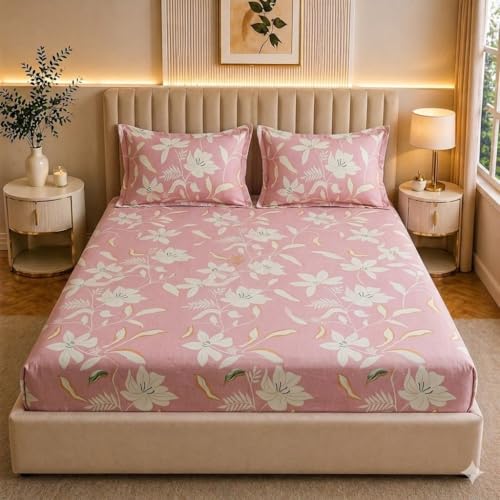 Image of Castiqa Elastic Fitted Supersoft Premium Polycotton 200TC Double Bedsheets King Size 78x72 Inch with 2 Pillow Covers (Fits Upto Mattress of 8Inches) (Multicolor)