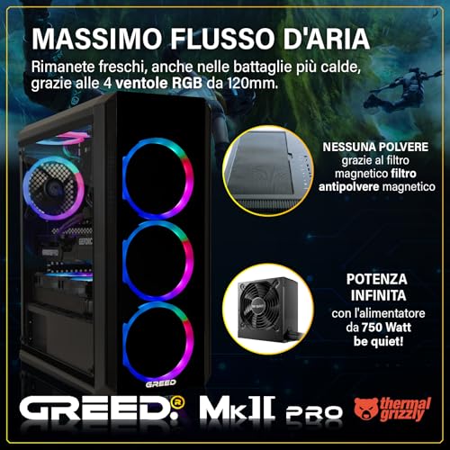 GREED® MK2 Pro - 4K High End Gaming PC – AMD Ryzen 7 5700X + Nvidia Geforce RTX 5070 – computer RGB veloce + desktop 4k con 4,6 GHz – 32GB DDR4 RAM – Raffreddamento ad acqua - 1TB SSD – WLAN + W11 Pro - PC Desktop - Immagine 3