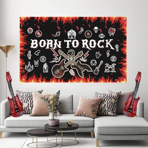 Image of Crenics Rock and Roll Party Decorations - Born to Rock Backdrop Banner, Balloons Arch Kit and Guitar Foil Balloons for Star Music Theme Birthday Party Supplies