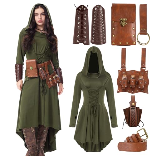 Crazycos Mittelalter Kleid Damen Set Renaissance Kostüm Victorian Bekleidung mit Armschützern, Gürteltasche, Gürtel,Party Kostüm Maxikleid Green...