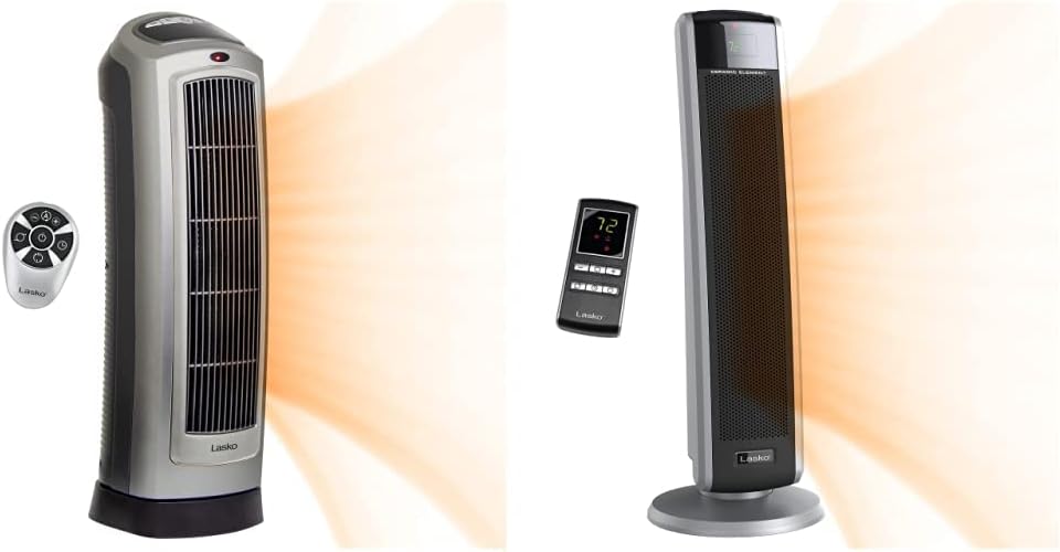 Lasko 755320 Ceramic Space Tower Heater, 8.5″L x 7.25″W x 23″H, Silver & 5586 Digital Ceramic Tower Heater with Remote