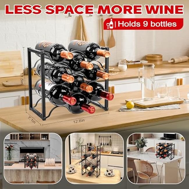 Countertop Wine Rack - 9 Bottle Freestanding Modern Black Metal Wine Holder - 3 Tier Tabletop Wine Stand for Cabinet, Pantry, Bar - Durable & Space-Saving Wine Storage Organizer (1)