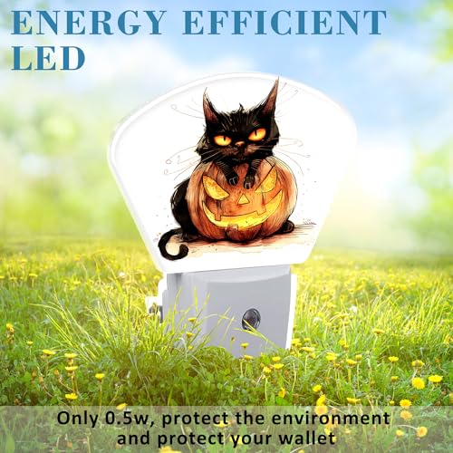 Image of Halloween Black Cat Night Light for Kids, Halloween Pumpkin LED Night Light Plug into Wall with Dusk to Dawn Sensor for Girls Boys Women Men Bedroom, Hallway, Kitchen, Bathroom, Stairs Decor
