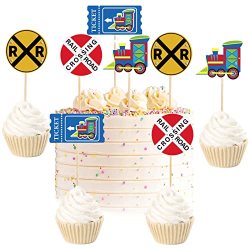 48Pcs Thomas The Train Cupcake Toppers Railroad Crossing Traffic Sign Train Cupcake Toppers For Baby Shower Kids Train Theme Party Birthday Supplies Decorations #TOP7