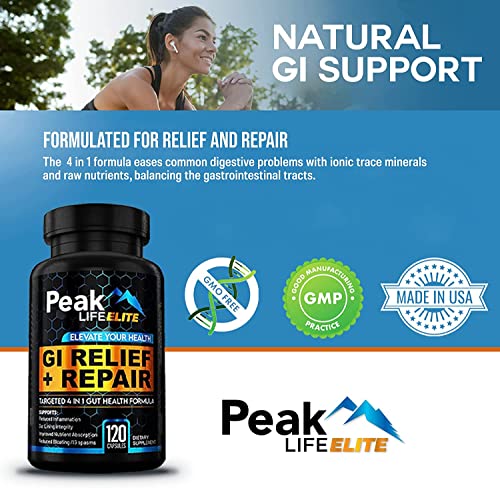 Peak Life Elite GI Relief & Repair Digestive Supplement - 4in1 Gut Restore Formula with Humic Acid, L Glutamine, Peppermint & Ginger - Daily Digestive Advantage Pills with Probiotic & Minerals, 2Pack