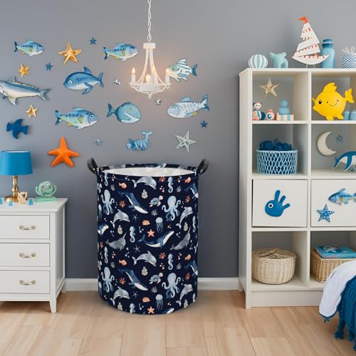 Image of Ocean Baby Laundry Basket Baby Hamper for Nursery Girl Kids Soccer Hamper Cute Storage Bin Organizer Ocean Room Decor for Home(Blue Ocean)
