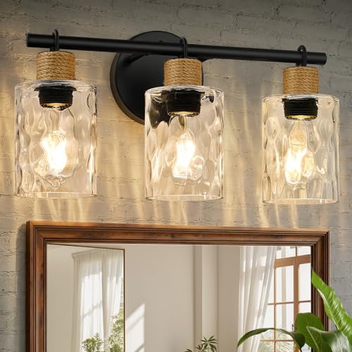 Image of MOKATNG Bathroom Light Fixtures, 3-Light Coastal Vanity Lights with Crystal Glass Shade, Black Bathroom Wall Lamp for Mirror Kitchen Hallway Cabinet