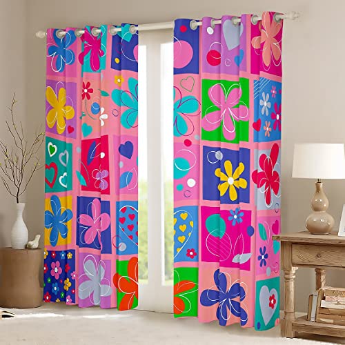 Flowers Curtains 84Wx63L,Colorful Groovy Blossom Blackout Curtains Kawaii Room Decor For Teens Girls,Retro Hippie Flowers Botanical Curtains & Drapes Cute Geometric Grid Patchwork Window Curtains #TOP1