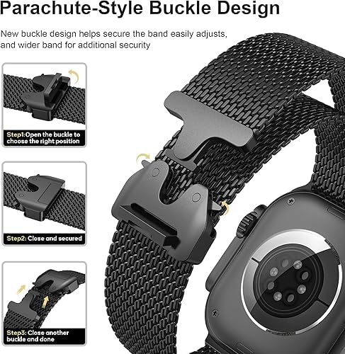 Image of Parachute Buckle Stainless Steel Metal Straps Compatible With Apple Watch Band 46mm Series 10, iwatch Ultra 2|Ultra Band 49mm, 9|8|7 45mm, SE2|6|5|4 44mm, 3|2|1 42mm - Black