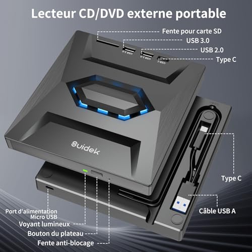 Lecteur de CD Externe SUIDEK pour PC Portable Sans Relecteur Interne