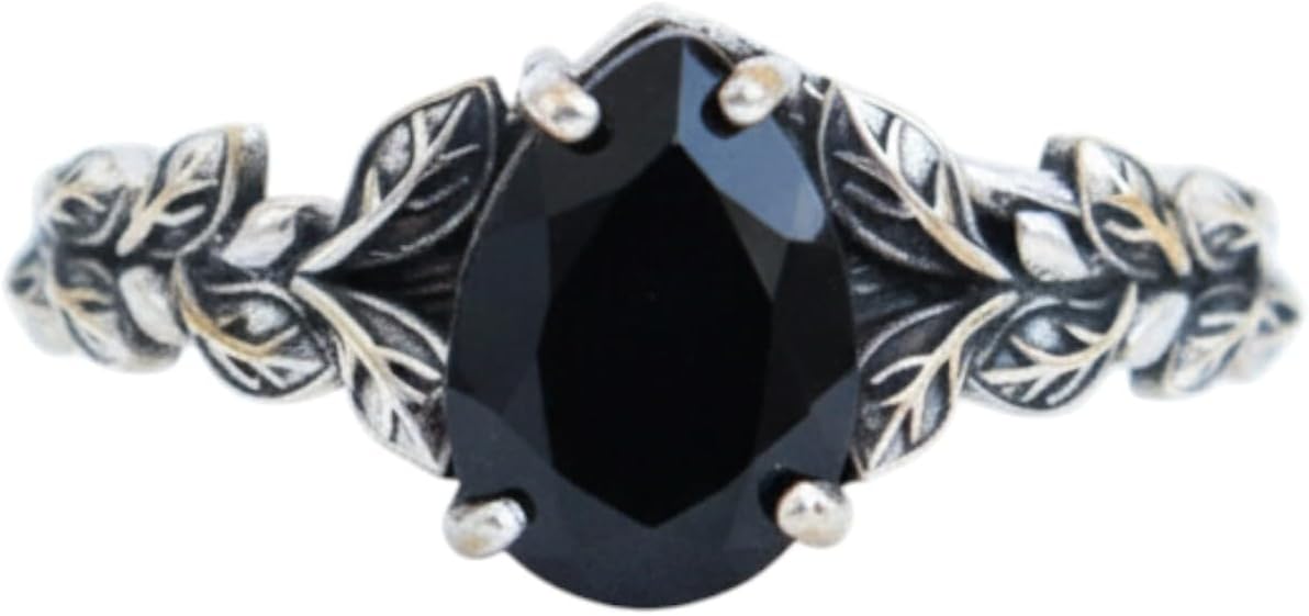925 Sterling Silver Black Stone Ring for Women, Vintage Leaf Floral Band, Pear Cut Black Gemstone Ring, Handmade Boho Statement Jewelry Gift