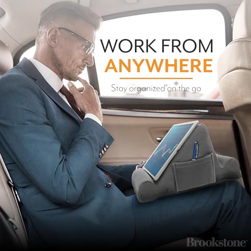 Brookstone, Memory Foam Lap Desk Tablet Holder, Holds Phones, iPads, E-Book Readers, 2 Viewing Angles, 2 Side Pockets for Accessories, Book Holder Cushion, Perfect Home, Car Travel, Flights, Gray
