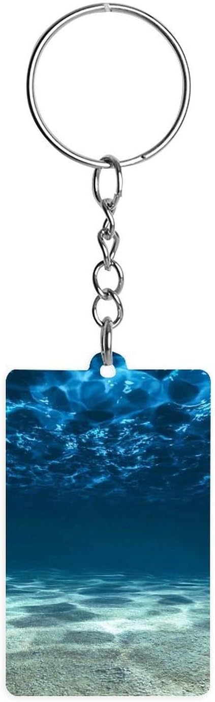 Blue Ocean Sea Acrylic Keychain 5cm x 3cm Rectangle Single Sided Acrylic Metal Split Ring Portable Decor House Key Charm Holder Travel Bag Daily Accessories