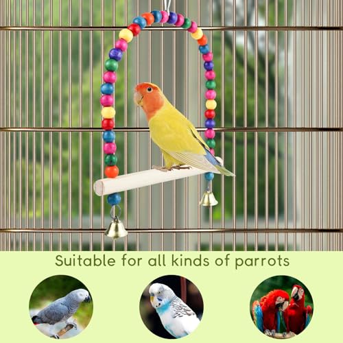Image of Wooden Bird Swing, 9 Inches Hanging Birds Cage Perches with Playing Bell, Natural Bird Chew Toys Boredom Breaker Bird Toys for Parakeets, Budgie, Cockatiel (Colorful, L)