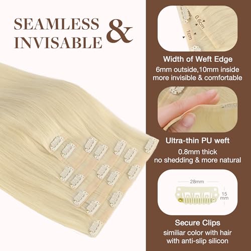 Image of GOO GOO Clip in Hair Extensions Real Human Hair, Remy Human Hair Extensions Clip ins for Women, Natural Human Hair, 14inch 130g 9Pcs, 60A Platinum Blonde