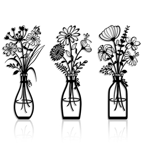 Image of Qubitly 3 Pcs Black Metal Flower Wall Art with Romantic 'I Love You' Black Decor Design Metal Wall Art for Living Room, Bedroom, Bathroom, Kitchen Decorations for Walls, Home Decor Gift