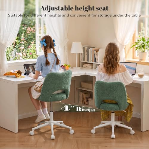 Image of DurayLoly Vanity Chair with Wheels,Open Back,Armless,Green | Soft Teddy Fabric, 6 inch Thick Cushion, Height Adjustable, 300 lbs, 360 Swivel for Vanity Table, Home Office