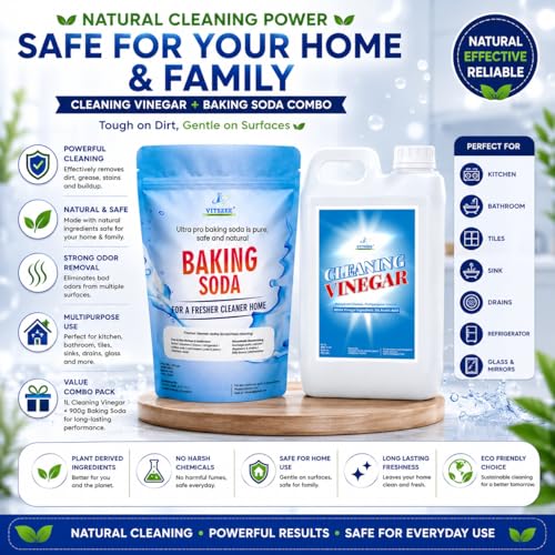 Image of VITSZEE White Cleaning Vinegar 1L & Baking Soda Powder900g Combo Pack | Multipurpose Household Cleaning Bundle | Kitchen, Bathroom, Floor, Glass, Sink, Tile & Washing Machine Cleaner | Deodorizing