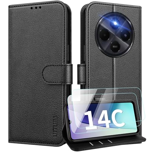 UITUIM Handyhülle für Xiaomi Redmi 14C Klapphülle Leder Hülle mit 2 Glas Schutzfolie Flip Case Cover Klappbar Tasche Kartenfach Etui Schutzhülle Handytasche für Xiaomi Redmi 14C Schwarz