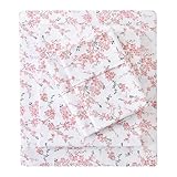 Mooreeke Cozy Vintage Microfiber Printed Queen Sheet Set - Soft Breathable Percale Cotton Floral Bed Sheets with Deep Pocket - Non-Slip Fitted Design - Orange Red Small Flowers Pattern