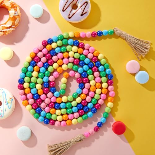 Image of Equsion Wooden Bead Garland with Tassels, Extra Long Fireplace Wood Bead Garlands Rustic Farmhouse Vintage Boho Beads Garland for Party Home Decor Tiered Tray Decorative Beads(Rainbow Color)