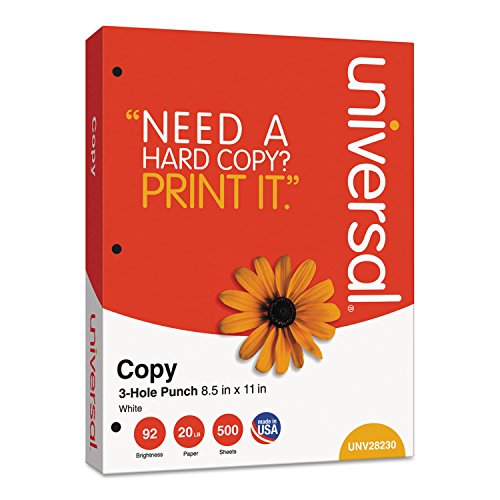Universal UNV28230 20 lbs. Bond Weight 92 Bright 3-Hole 8.5 in. x 11 in. Copy Paper - White (500 Sheets/Ream, 10 Reams/Carton)
