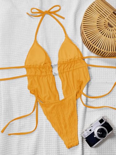 Image of RoseSeek Women's 2 Piece Boho Polka Dots Beaded Bikini Sets Sexy Swimsuits | Halter Swimsuits, Backless, Textured, Tie Side, Tankini Set, Bathing Suits, Summer, Vacation