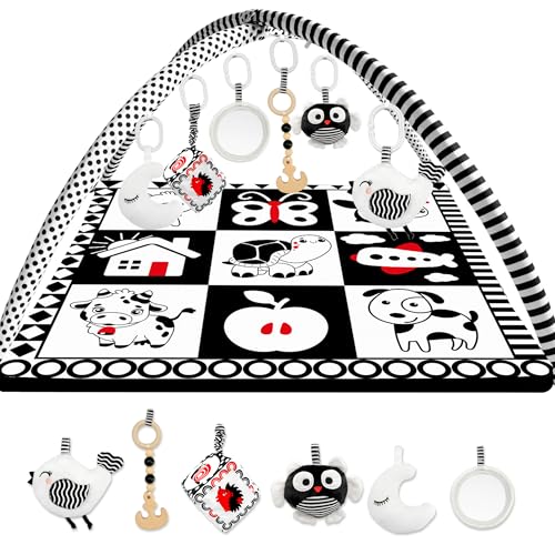 Image of QUOKKA Padded Baby Mat for Floor Tummy Time - Super Soft Black&White Play Mat for Kids Toddlers & Infants - 6 Toys | Thick Pad | Machine Washable | Black White Colors for Vision Development