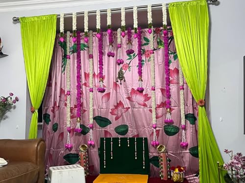 Image of zeonelymart Lotus Design Backdrop Cloth for Special Occasions,Traditional Ceremonies Parrot with Lotus Design Satin Fabric Size : 8 Feet Length * 8 Feet Width (Pink) godi padwa Background