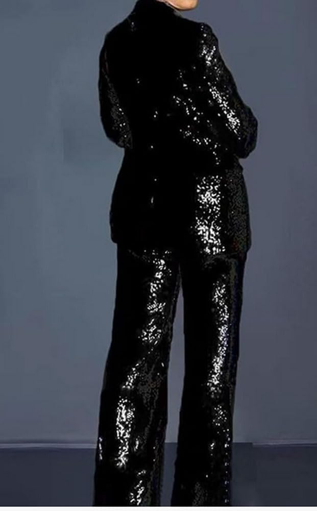 Women's Sequined Fashion Suit Set One Button 2 Piece Wedding Tuxedos Blazer Pants Prom Party Outfit - Image 3