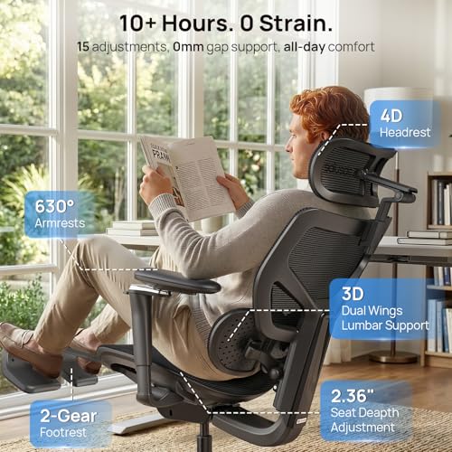 Image of Ergonomic Office Chair with Adaptive Dual-Wing Lumbar Support - Over 10 Hours Sitting Comfortable Mesh Big and Tall Home Desk Chair, 4D Headrest, 2-Gear Footrest, 630 Armrst, Seat Depth Adjustable