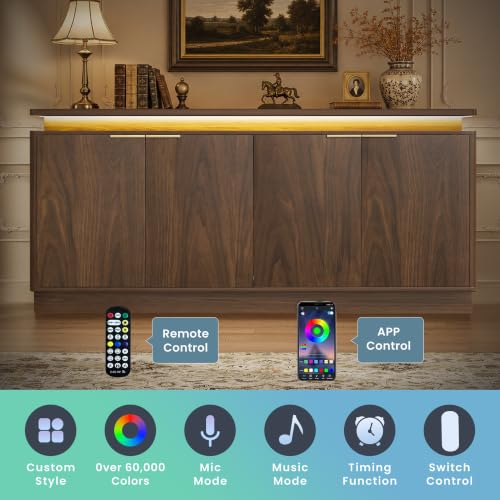 Image of LKTART 65.7 inch Sideboard Buffet Cabinet with Storage,LED Lights,Walnut