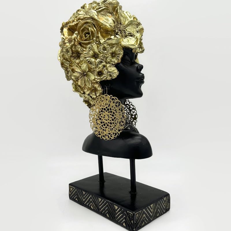 Figura Cabeza Mujer Africana en Resina Negra y Dorada miniatura 3