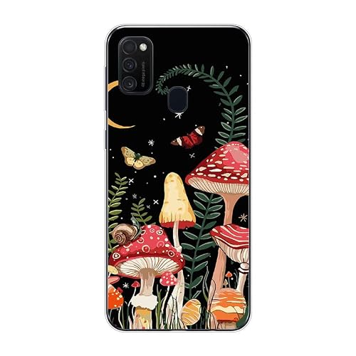 KARTXITAI Case Compatible with Samsung Galaxy M21,Shockproof Slim Thin Silicone Protective Anti-Fingerprint Anti-Scratch Anti-Fall Phone Cover - Mushroom, Butterfly, Moon