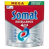 Somat Excellence 4 en 1 Pastillas (1 x 50 tabs), detergente lavavajillas que elimina los residuos quemados, pastillas lavavajillas con brillo excelente, jabón para vajilla